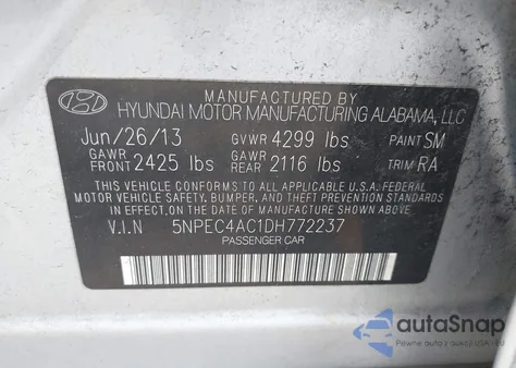 2013 Hyundai Sonata Se z USA, uszkodzony, nr VIN 5NPEC4AC1DH772237
